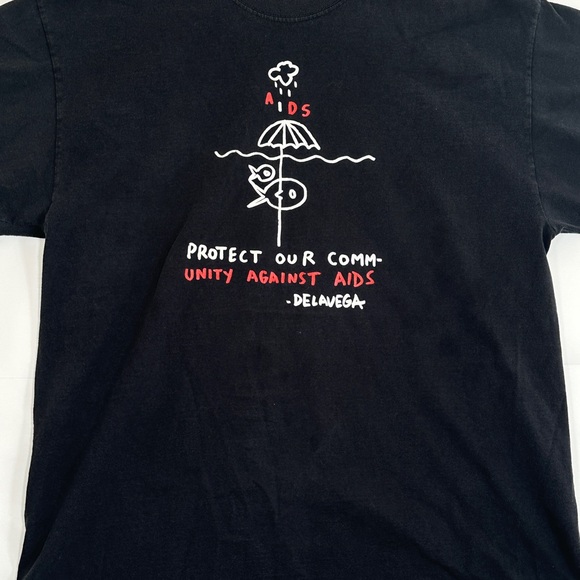 Aids Stick Drawing Protect Community DELAVEGA T-Shirt Adult Black Men Large Tee - Picture 3 of 8